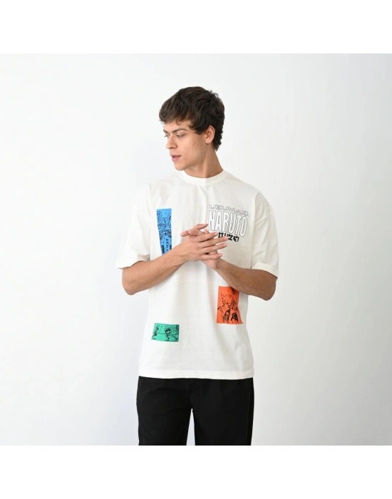 Erkek  Bisiklet Yaka Baskılı Oversize T-Shirt - Beyaz