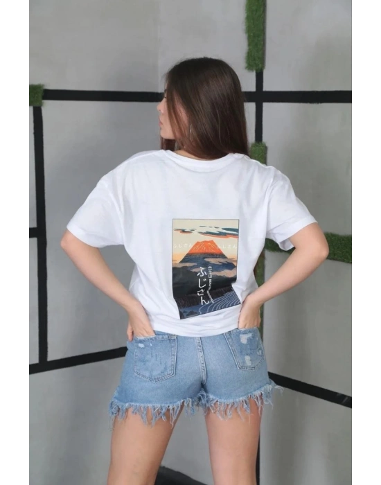 Kadın Bisiklet Yaka Baskılı Oversize T-Shirt- Beyaz