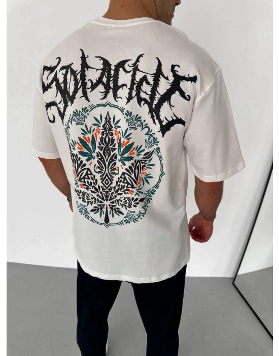 Erkek  Bisiklet Yaka Baskılı Oversize T-Shirt - Beyaz
