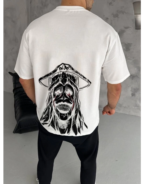 ERKEK Bisiklet Yaka kol ve arka Baskılı Oversize T-Shirt - Beyaz