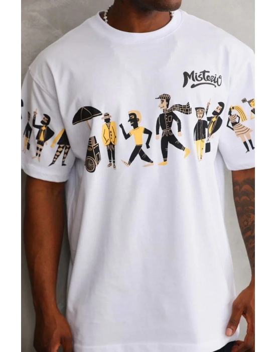 Erkek  Bisiklet Yaka Baskılı Oversize T-Shirt - Beyaz