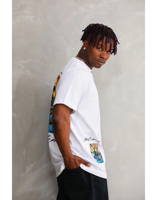 Erkek Bisiklet Yaka Baskılı Oversize T-Shirt - Beyaz