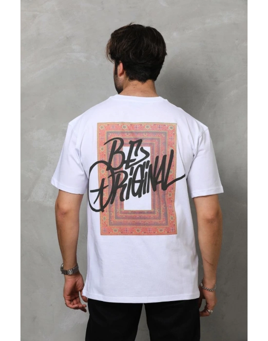 Erkek Bisiklet Yaka Baskılı Oversize T-Shirt - Beyaz