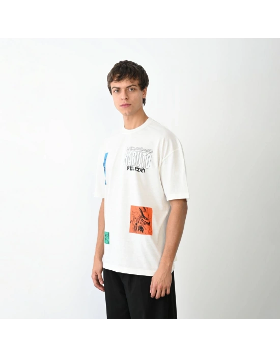 Erkek  Bisiklet Yaka Baskılı Oversize T-Shirt - Beyaz