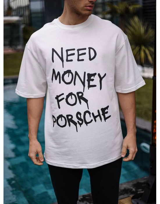 ERKEK Bisiklet Yaka Baskılı Oversize T-Shirt - Beyaz