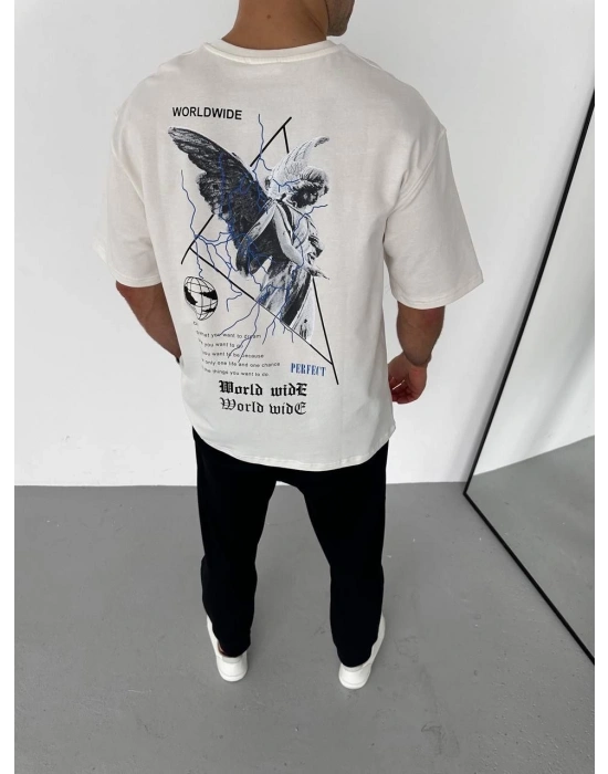 Erkek Bisiklet Yaka Baskılı Oversize T-Shirt - Beyaz