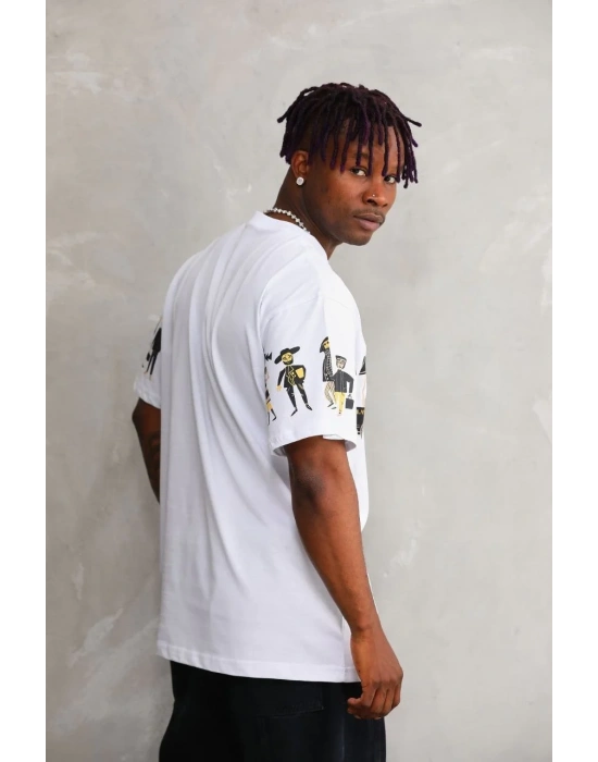 Erkek  Bisiklet Yaka Baskılı Oversize T-Shirt - Beyaz