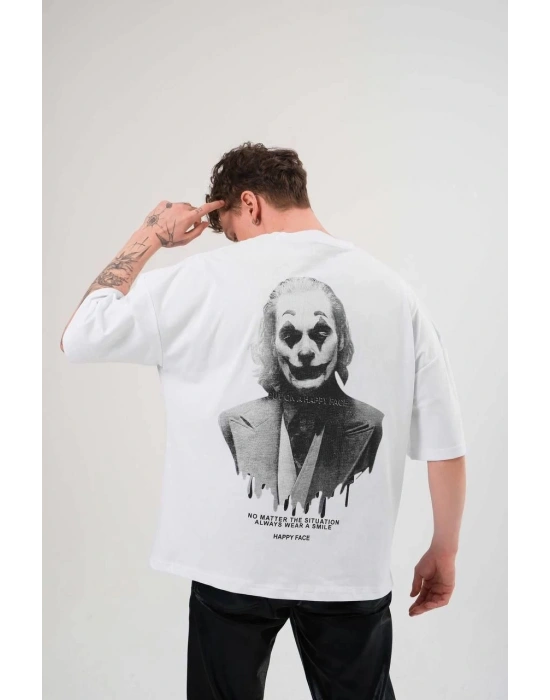 Erkek Bisiklet Yaka Baskılı Oversize T-Shirt - Beyaz