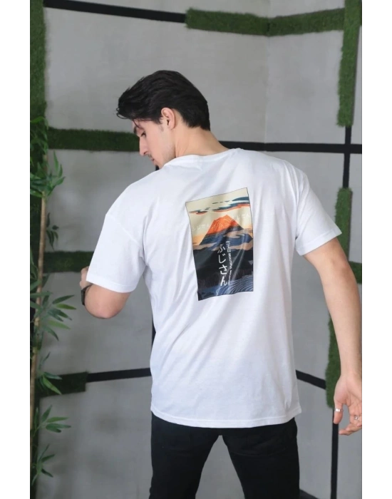 ERKEK Bisiklet Yaka Baskılı Oversize T-Shirt - Beyaz