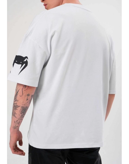 Erkek Bisiklet Yaka Baskılı Oversize T-Shirt - Beyaz