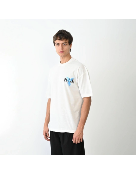 Erkek Bisiklet Yaka Baskılı Oversize T-Shirt - Beyaz