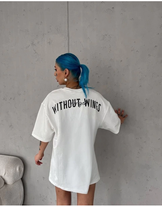 kadın  Bisiklet Yaka Baskılı Oversize T-Shirt - Beyaz