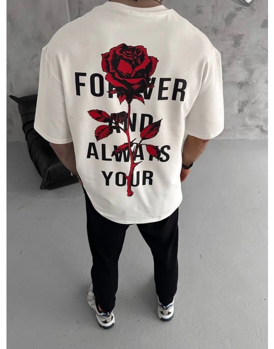 ERKEK Bisiklet Yaka Baskılı Oversize T-Shirt - Beyaz