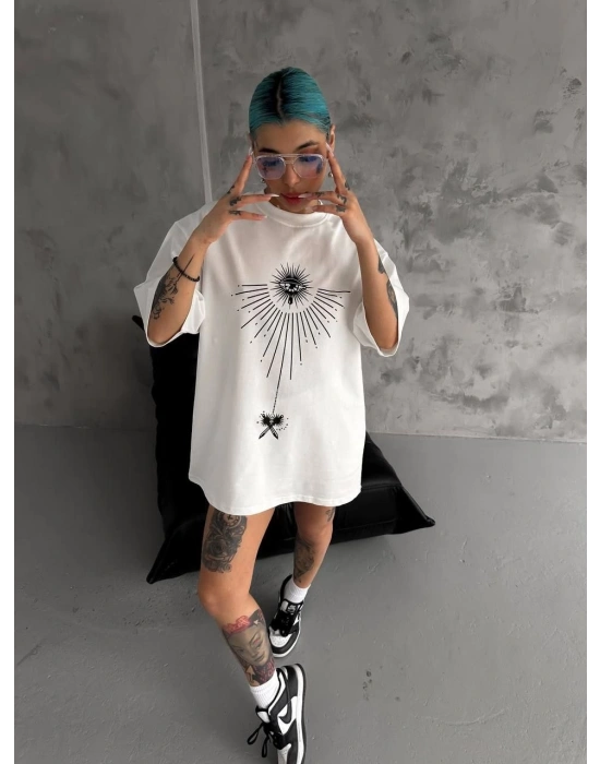 kadın Bisiklet Yaka Baskılı Oversize T-Shirt - Beyaz