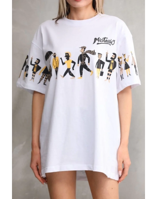 kadın  Bisiklet Yaka Baskılı Oversize T-Shirt - Beyaz
