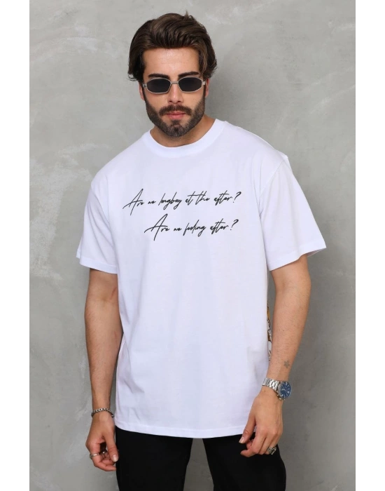 Erkek  Bisiklet Yaka Baskılı Oversize T-Shirt - Beyaz