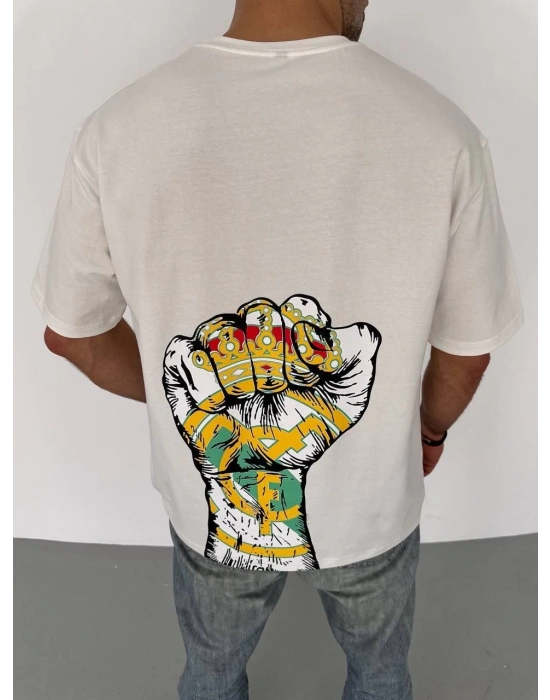 Erkek  Bisiklet Yaka Baskılı Oversize T-Shirt - Beyaz