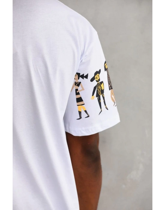 Erkek  Bisiklet Yaka Baskılı Oversize T-Shirt - Beyaz