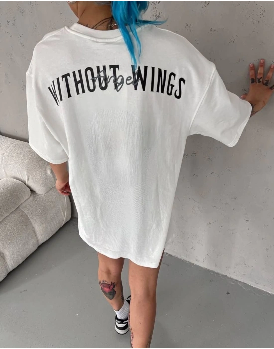 kadın  Bisiklet Yaka Baskılı Oversize T-Shirt - Beyaz