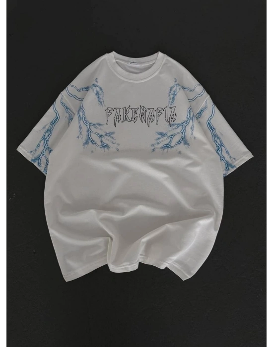 Kadın Bisiklet Yaka Baskılı Oversize T-Shirt - Beyaz