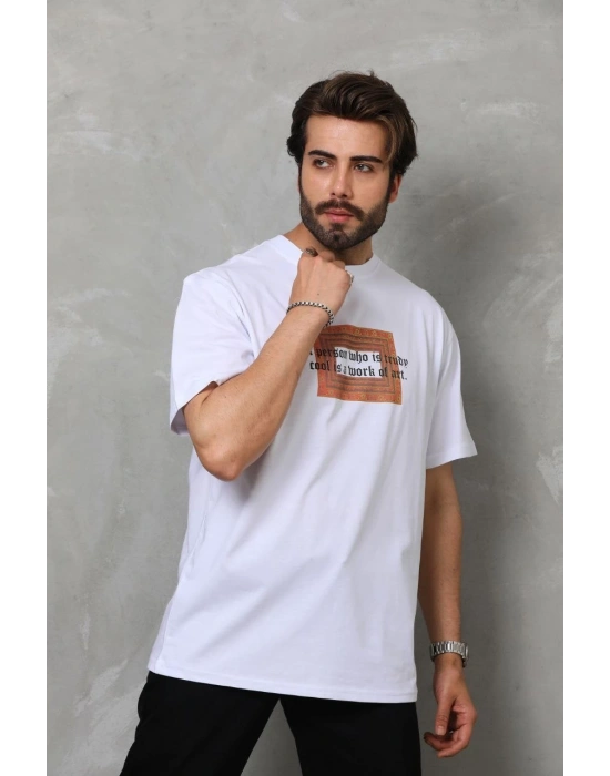 Erkek Bisiklet Yaka Baskılı Oversize T-Shirt - Beyaz