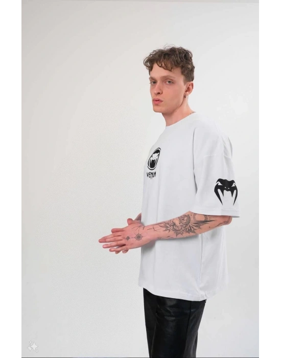 Erkek Bisiklet Yaka Baskılı Oversize T-Shirt - Beyaz