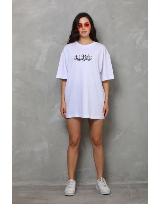 kadın Bisiklet Yaka Baskılı Oversize T-Shirt - Beyaz