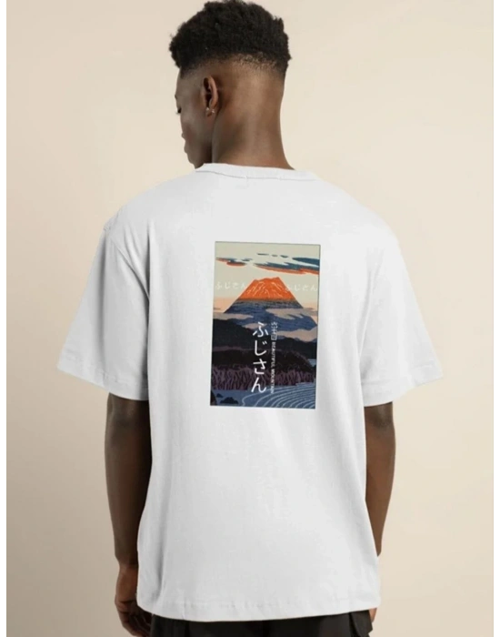 ERKEK Bisiklet Yaka Baskılı Oversize T-Shirt - Beyaz