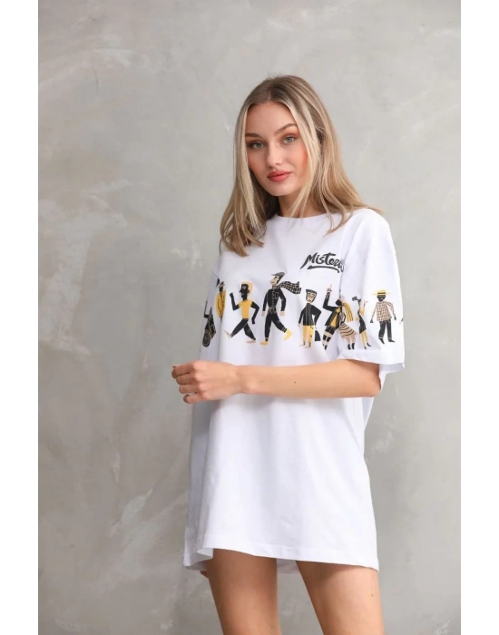 kadın  Bisiklet Yaka Baskılı Oversize T-Shirt - Beyaz