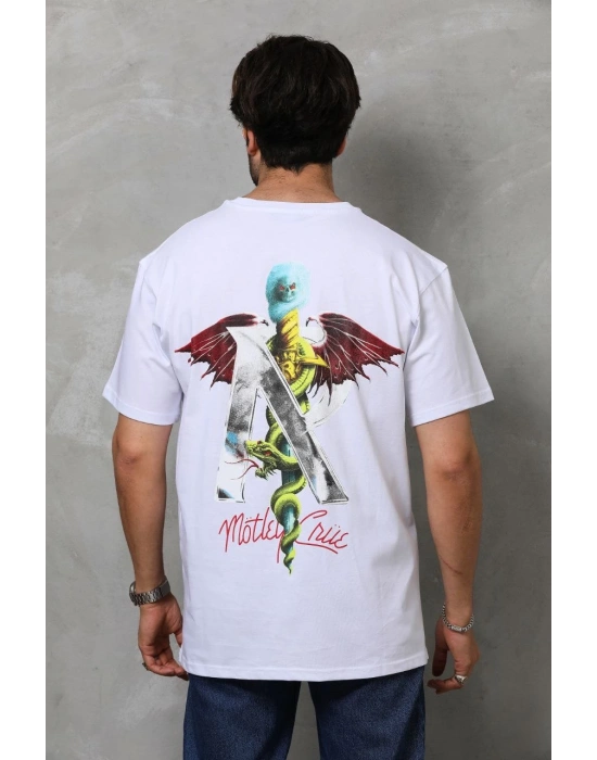 Erkek Bisiklet Yaka Baskılı Oversize - Beyaz