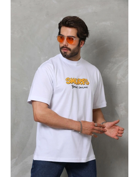 Erkek  Bisiklet Yaka Baskılı Oversize T-Shirt - Beyaz