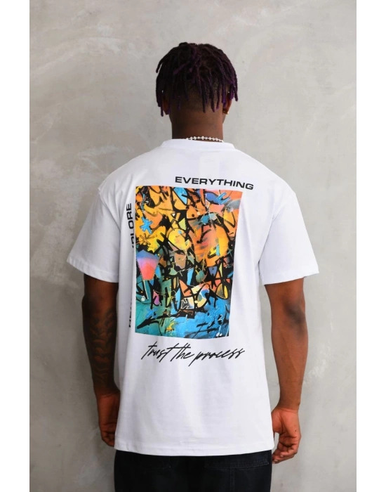 Erkek Bisiklet Yaka Baskılı Oversize T-Shirt - Beyaz