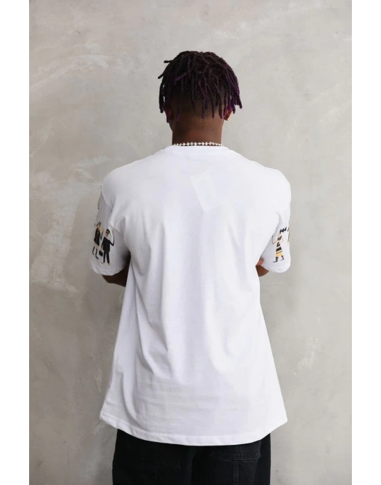 Erkek  Bisiklet Yaka Baskılı Oversize T-Shirt - Beyaz