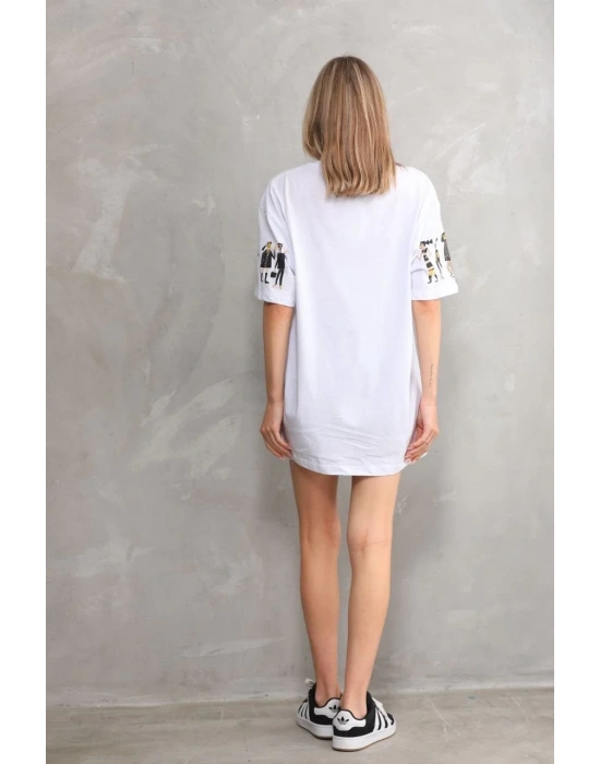 kadın  Bisiklet Yaka Baskılı Oversize T-Shirt - Beyaz