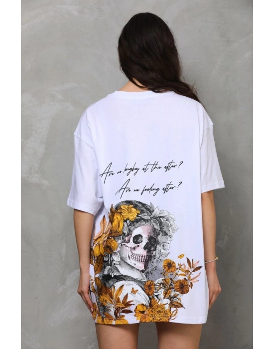 kadın Bisiklet Yaka Baskılı Oversize T-Shirt - Beyaz