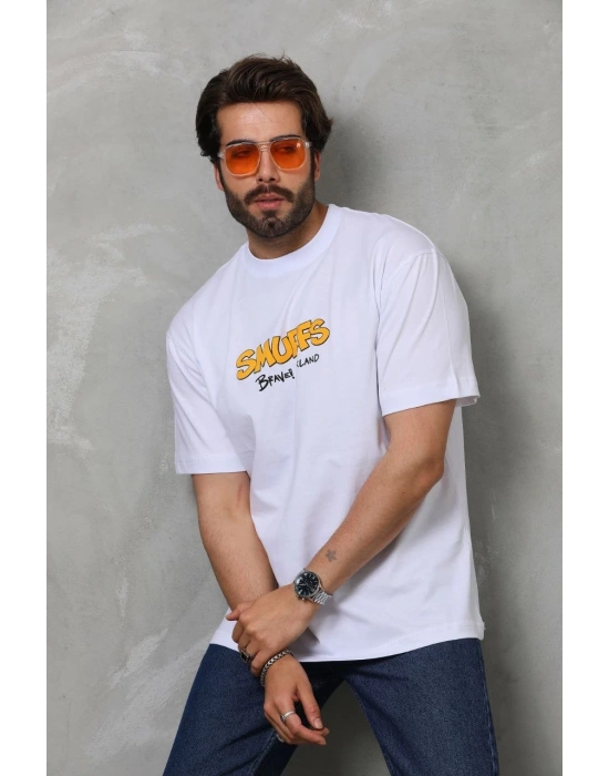 Erkek  Bisiklet Yaka Baskılı Oversize T-Shirt - Beyaz