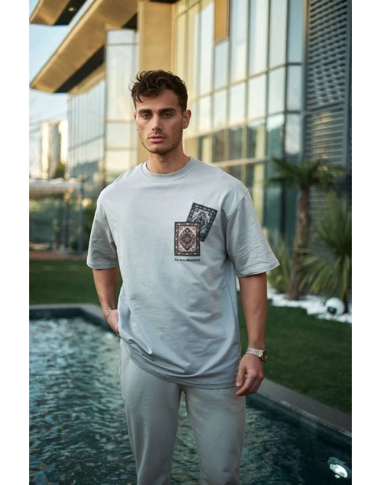 ERKEK Bisiklet Yaka kilim Baskılı Oversize T-Shirt - Boyalı Gri