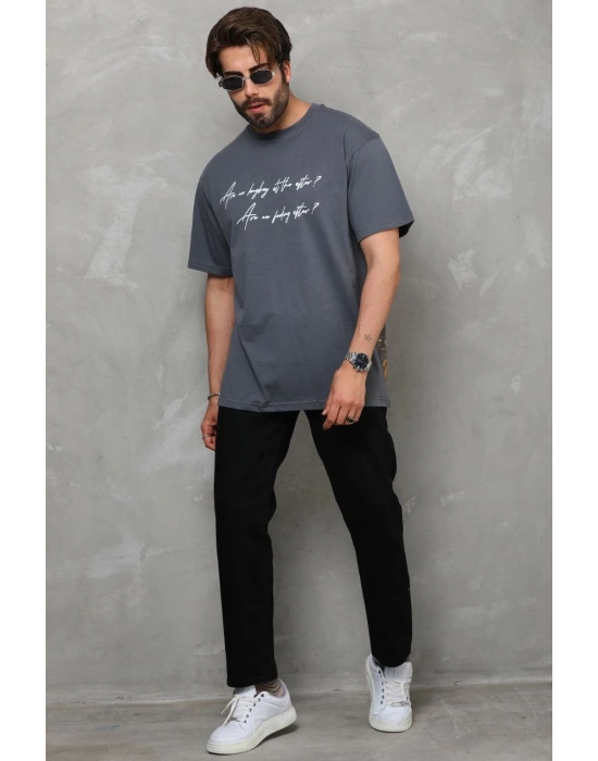 Erkek Bisiklet Yaka Baskılı Oversize T-Shirt - Füme