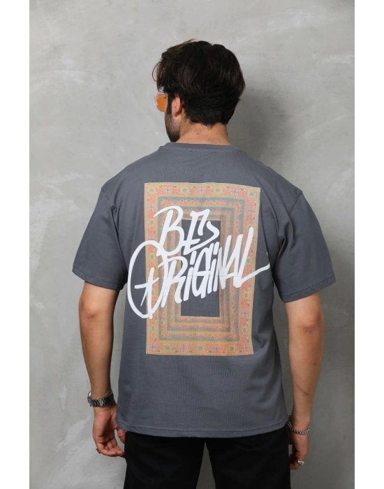 Erkek  Bisiklet Yaka Baskılı Oversize T-Shirt - Füme