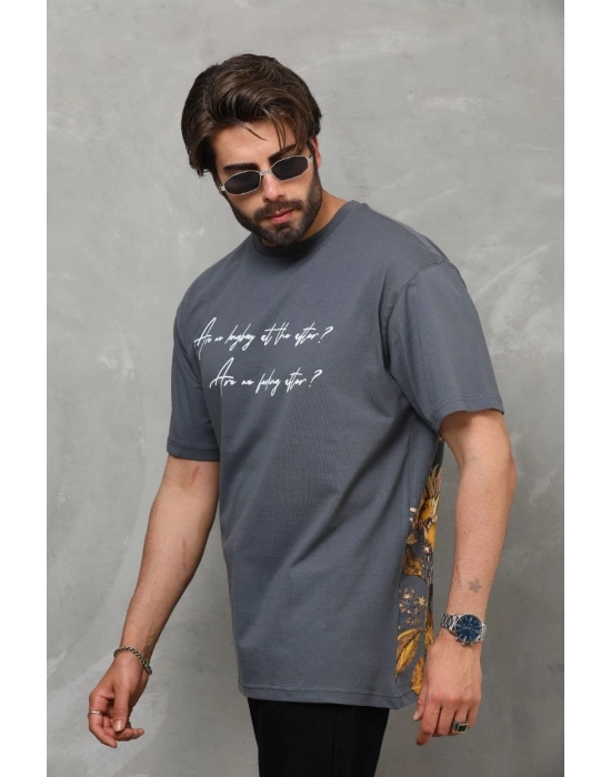 Erkek Bisiklet Yaka Baskılı Oversize T-Shirt - Füme