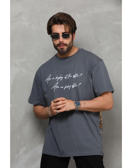 Erkek Bisiklet Yaka Baskılı Oversize T-Shirt - Füme