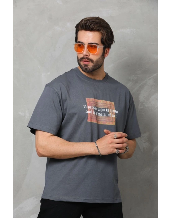 Erkek  Bisiklet Yaka Baskılı Oversize T-Shirt - Füme