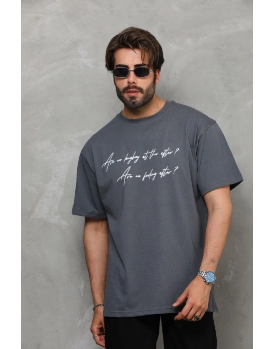 Erkek Bisiklet Yaka Baskılı Oversize T-Shirt - Füme