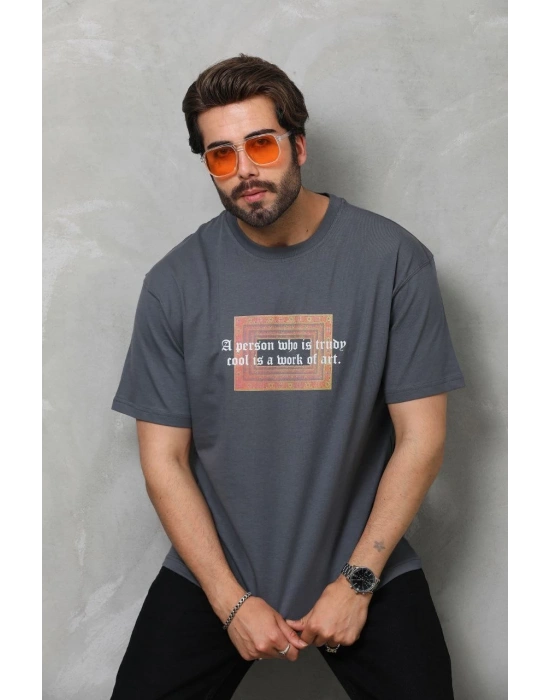 Erkek  Bisiklet Yaka Baskılı Oversize T-Shirt - Füme