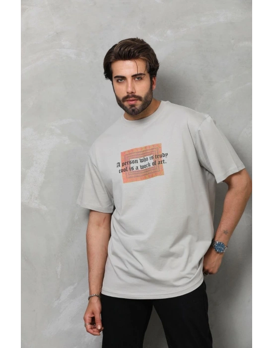 Erkek  Bisiklet Yaka Baskılı Oversize T-Shirt - Gri