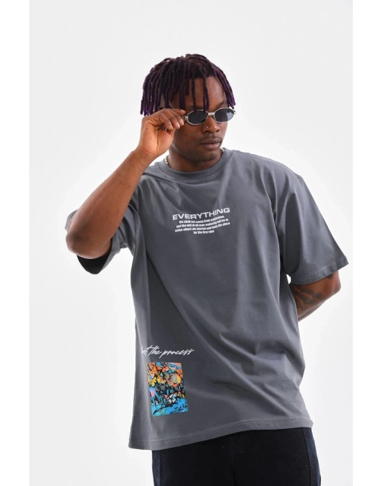 Erkek  Bisiklet Yaka Baskılı Oversize T-Shirt - Gri