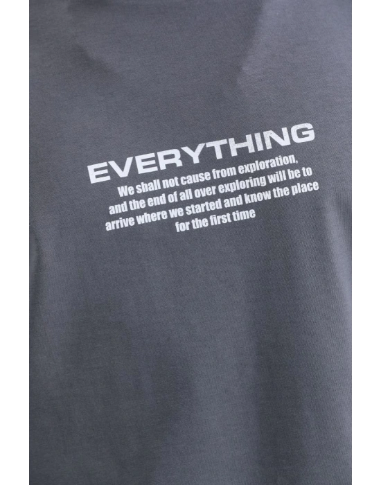 Erkek  Bisiklet Yaka Baskılı Oversize T-Shirt - Gri