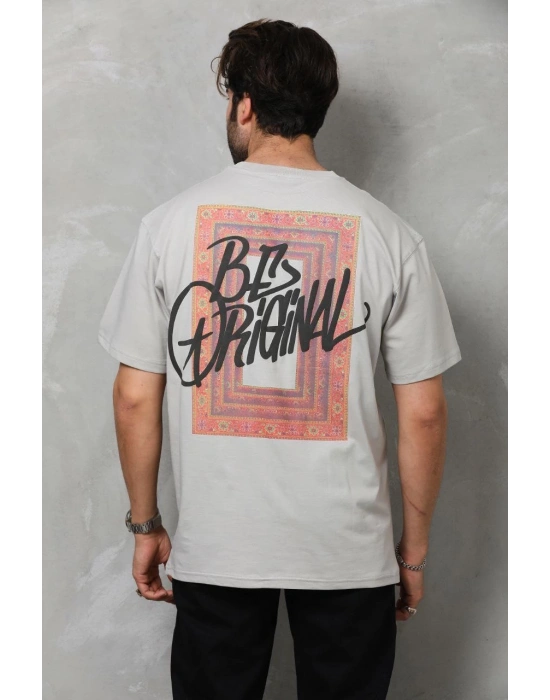 Erkek  Bisiklet Yaka Baskılı Oversize T-Shirt - Gri