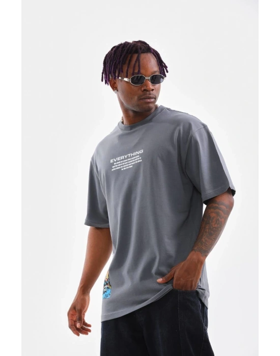 Erkek  Bisiklet Yaka Baskılı Oversize T-Shirt - Gri