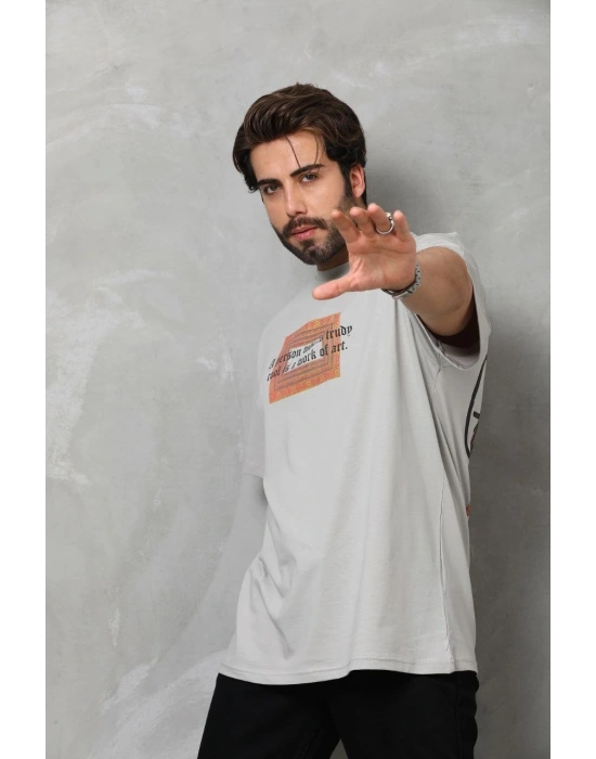 Erkek  Bisiklet Yaka Baskılı Oversize T-Shirt - Gri
